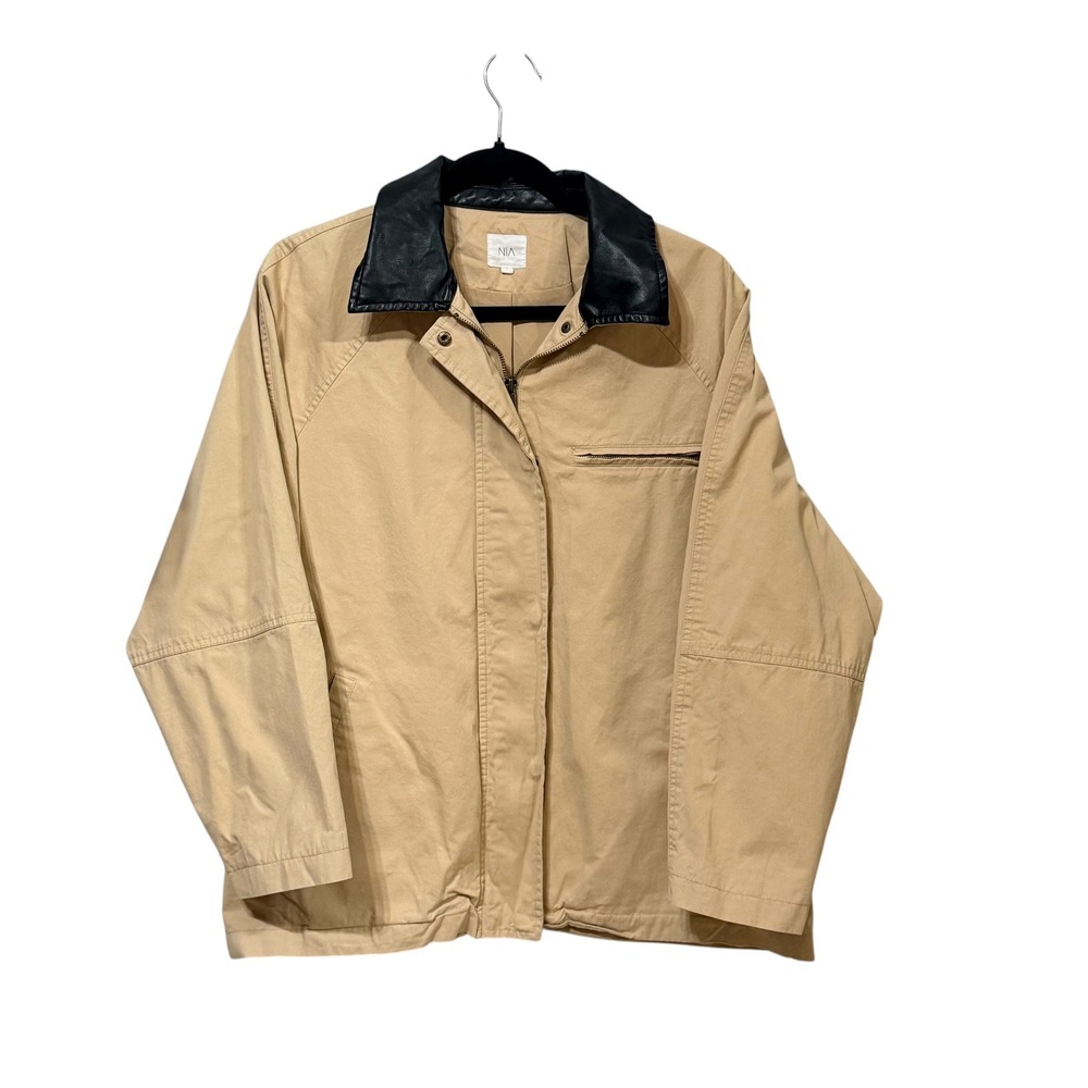 NIA Tan Cotton Canvas Barn Jacket Faux Leather Collar Zip Front NJ-2023-1 Small